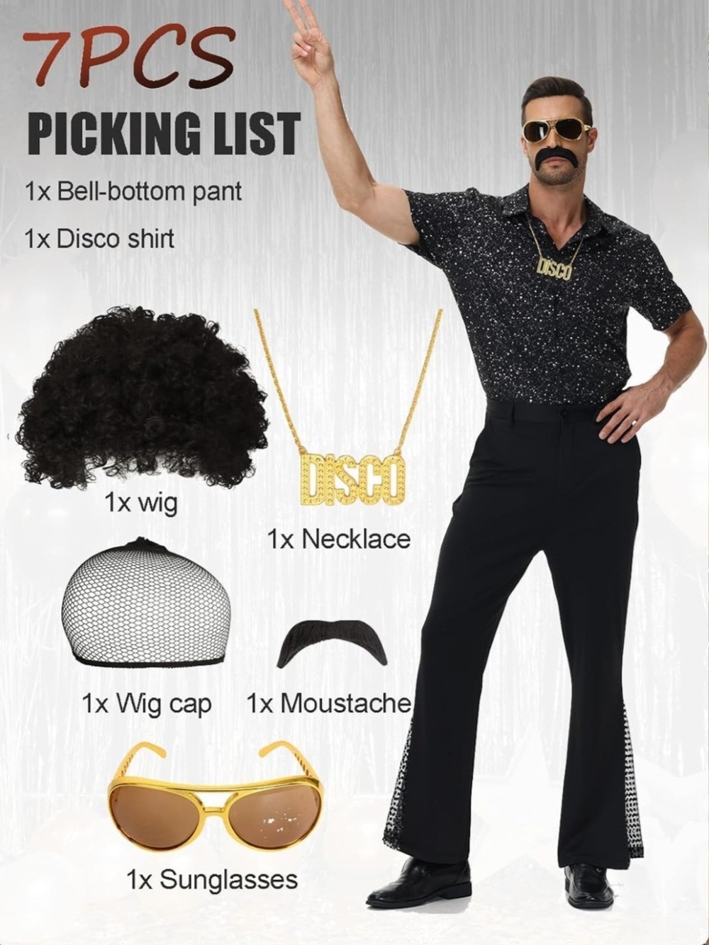 Men 70s Disco Costume Set XXL Sequin Flare Pants Shirt Wig Glasses NIB